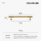 Measurement chart for gold brass Art Deco pull 200 mm with dimensions and weight information.