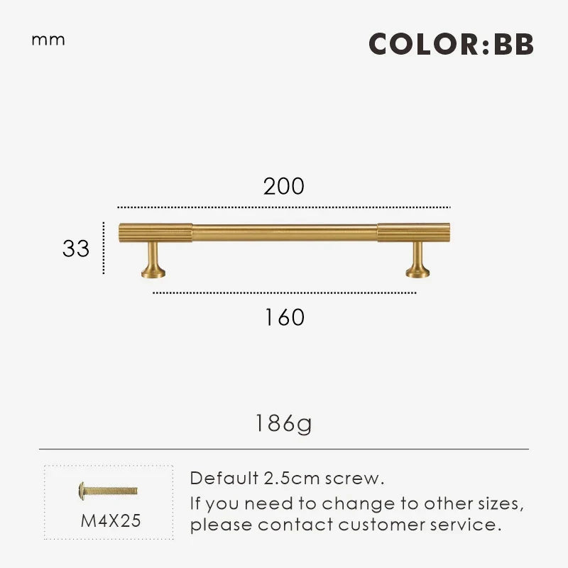 Measurement chart for gold brass Art Deco pull 200 mm with dimensions and weight information.