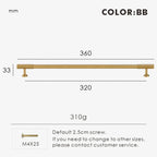 Measurement chart for gold brass Art Deco pull 360 mm with dimensions and weight information.
