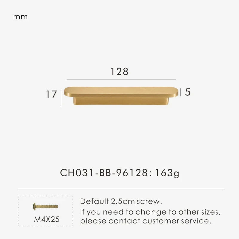 Measurement chart for a gold brass circular-end handle 128 mm with dimensions and weight information.
