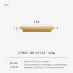 Measurement chart for a gold brass circular-end handle 128 mm with dimensions and weight information.