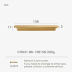 Measurement chart for a gold brass circular-end handle 158 mm with dimensions and weight information.
