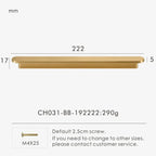 Measurement chart for a gold brass circular-end handle 222 mm with dimensions and weight information.