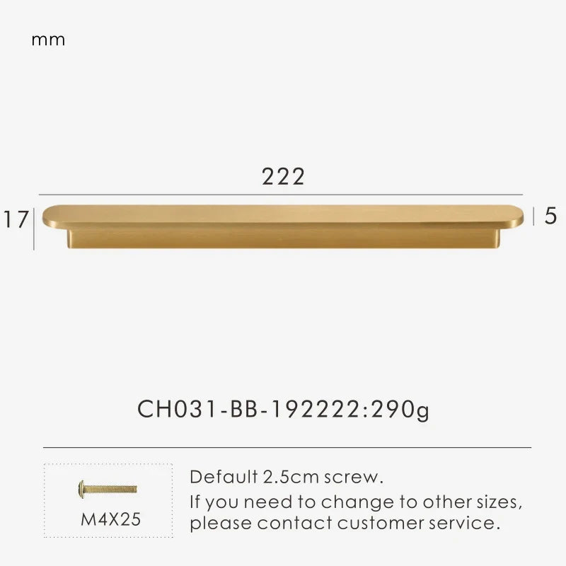 Measurement chart for a gold brass circular-end handle 222 mm with dimensions and weight information.