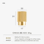 Measurement chart with gold brass cross-knurled knob 22 mm long and dimensions on a white background.