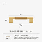 Measurement chart with a gold brass cross-knurled pull 150 mm long and dimensions on a white background.