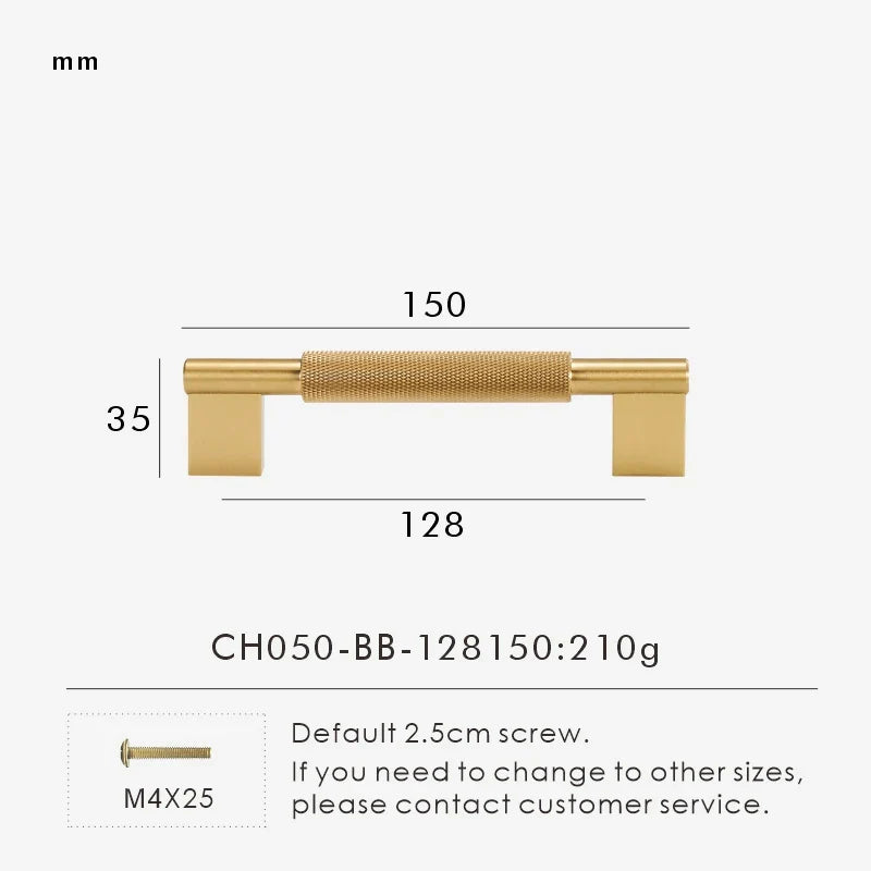 Measurement chart with a gold brass cross-knurled pull 150 mm long and dimensions on a white background.