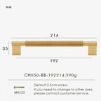 Measurement chart with gold brass cross-knurled pull 214 mm long and dimensions on a white background.
