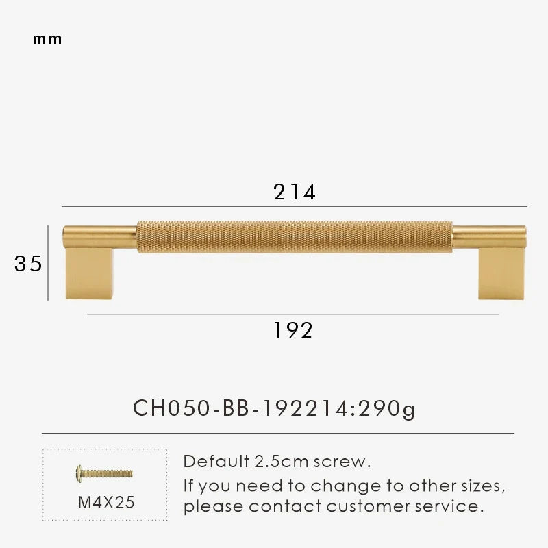 Measurement chart with gold brass cross-knurled pull 214 mm long and dimensions on a white background.