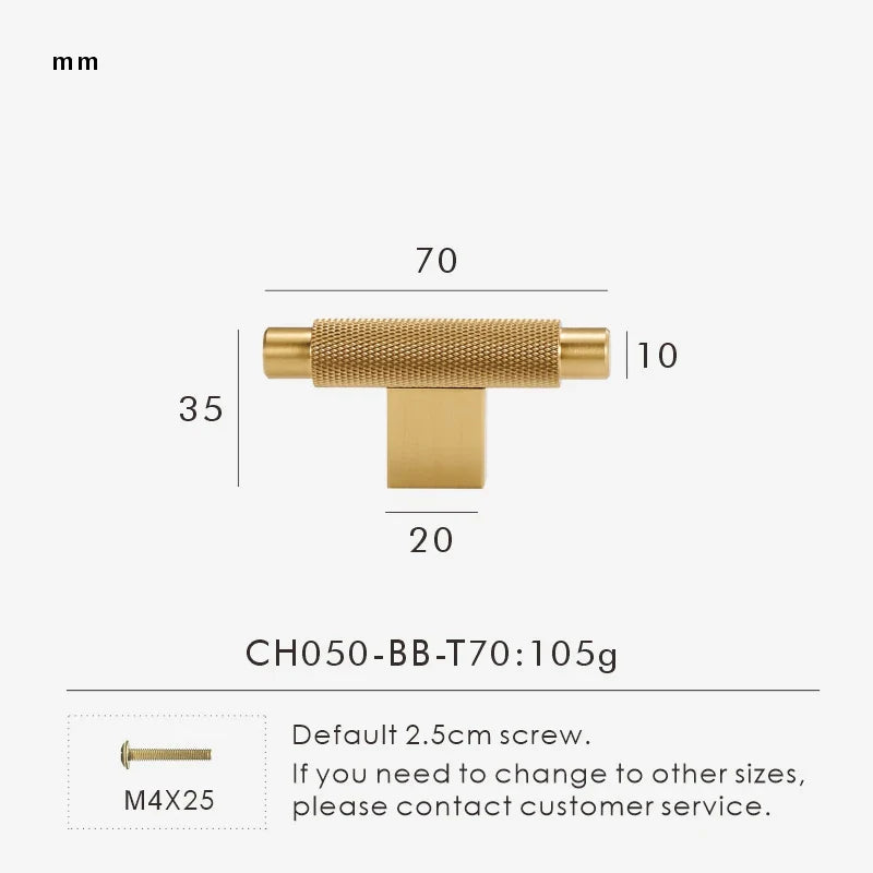 Measurement chart with gold brass cross-knurled t-bar 70 mm long and dimensions on a white background.