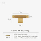 Measurement chart with gold brass cross-knurled t-bar 70 mm long and dimensions on a white background.