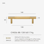Measurement chart for gold brass cross knurled pull 160 mm with dimensions and weight information.