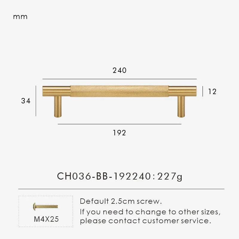 Measurement chart for gold brass cross knurled pull 240 mm with dimensions and weight information.