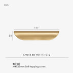 Measurement chart for a gold brass edge pull 117 mm with dimensions and weight information.