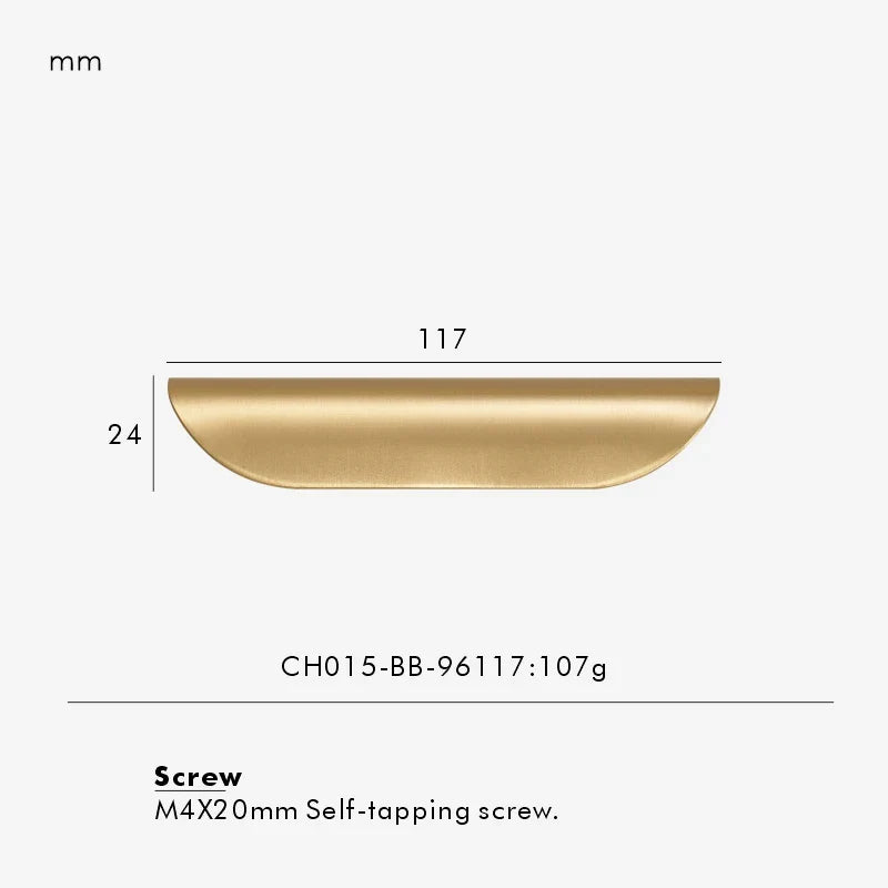 Measurement chart for a gold brass edge pull 117 mm with dimensions and weight information.