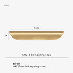 Measurement chart for a gold brass edge pull 150 mm with dimensions and weight information.