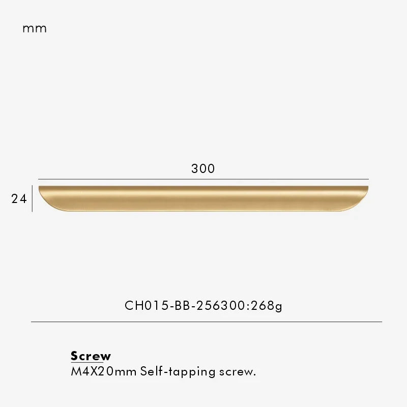 Measurement chart for a gold brass edge pull 300 mm with dimensions and weight information.