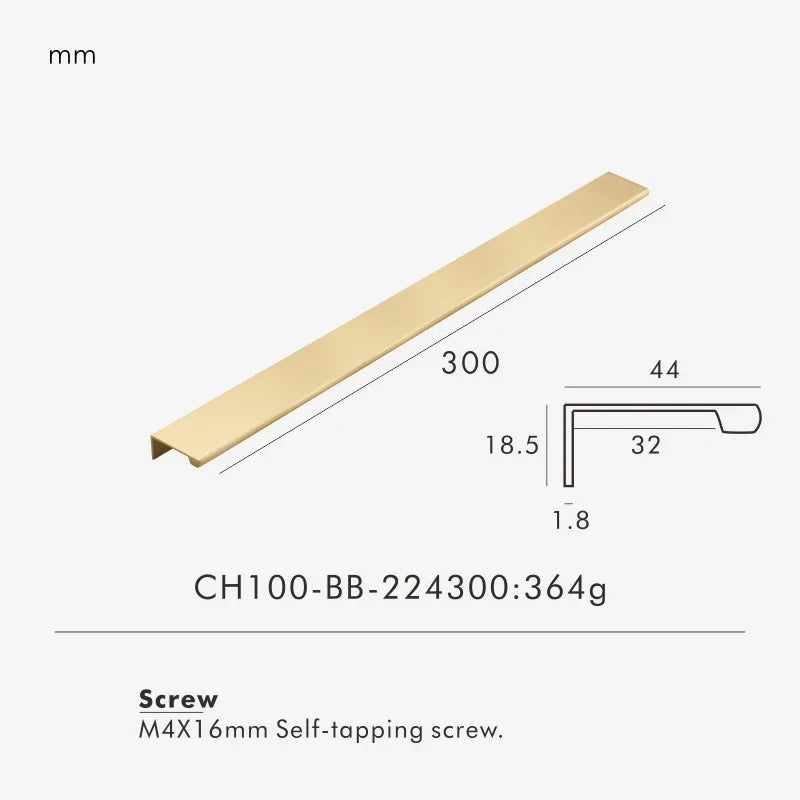 Measurement chart for a gold brass edge pull 300 mm with dimensions and weight information.