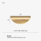Measurement chart for a gold brass edge pull 60 mm with dimensions and weight information.