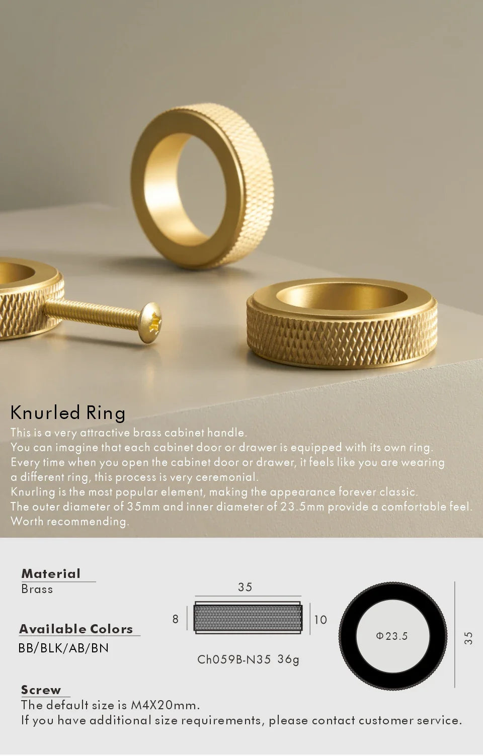 Solid Brass Knurled Ring Cabinet Knob