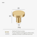 Gold brass round knob 25mm with dimensions and weight information.