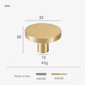Gold brass round knob 32mm with dimensions and weight information.