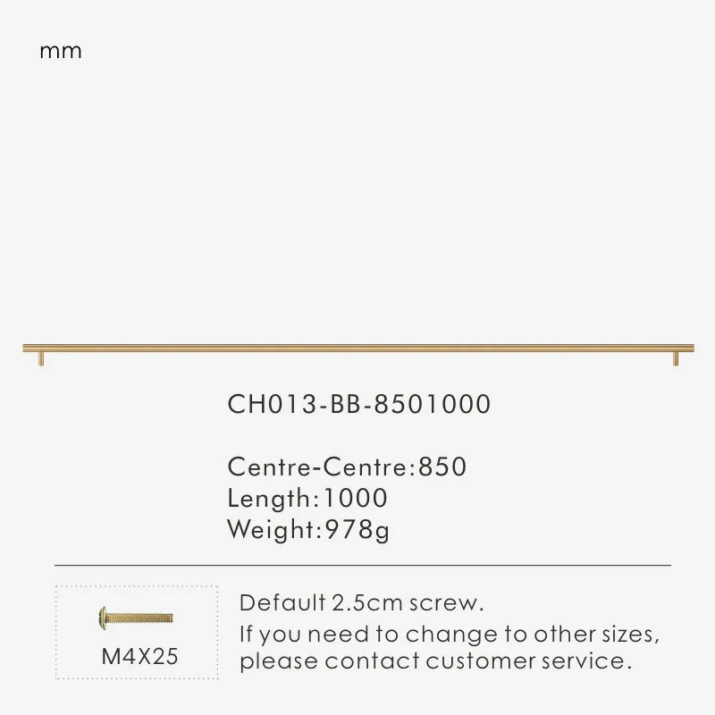 Measurement chart for a gold brass round rod pull 1000 mm with dimensions and weight information.