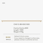 Measurement chart for a gold brass round rod pull 1000 mm with dimensions and weight information.