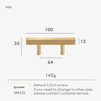 Measurement chart for a gold brass square handle 100 mm with dimensions and weight information.