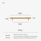 Measurement chart for a gold brass square handle 220 mm with dimensions and weight information.