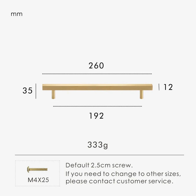 Measurement chart for a gold brass square handle 260 mm with dimensions and weight information.