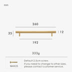 Measurement chart for a gold brass square handle 260 mm with dimensions and weight information.