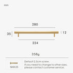 Measurement chart for a gold brass square handle 280 mm with dimensions and weight information.