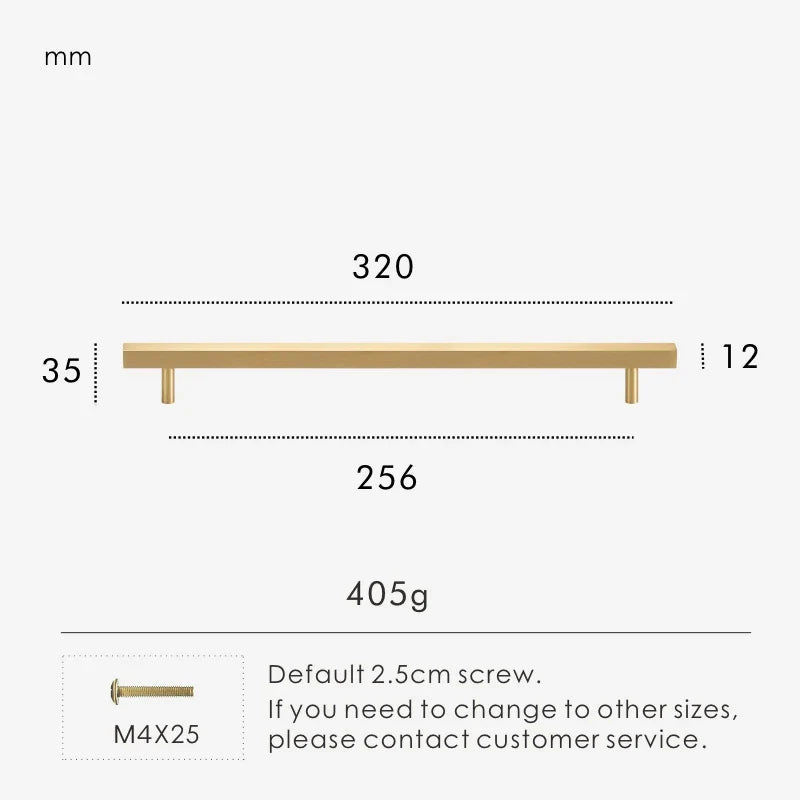 Measurement chart for a gold brass square handle 320 mm with dimensions and weight information.