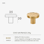 Gold hammered cabinet knob 25mm with dimensions and weight on a white background.