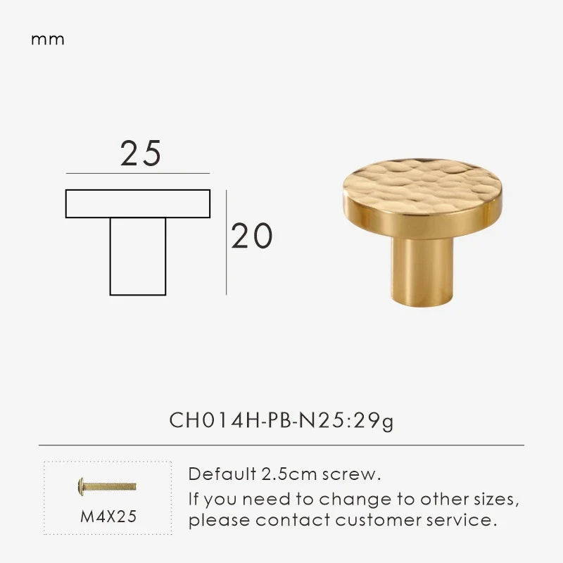 Gold hammered cabinet knob 25mm with dimensions and weight on a white background.