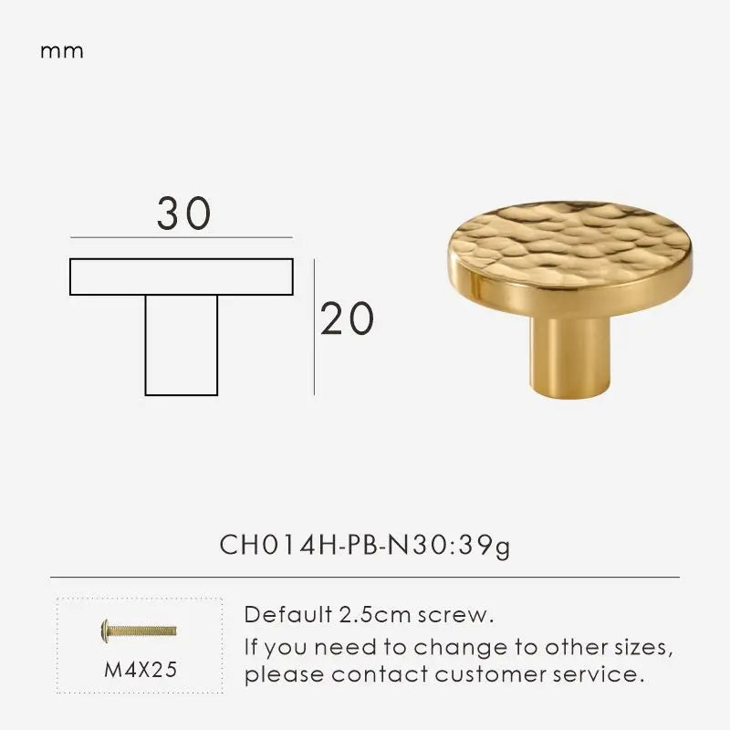 Gold hammered cabinet knob 30mm with dimensions and weight on a white background.