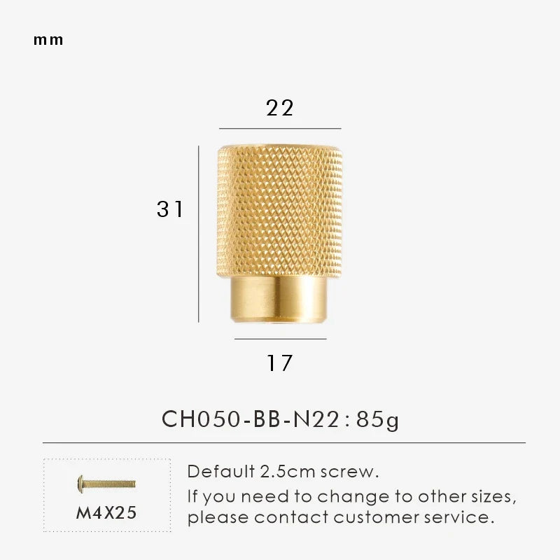 Gold knurled brass knob 22mm with measurements on a white background.