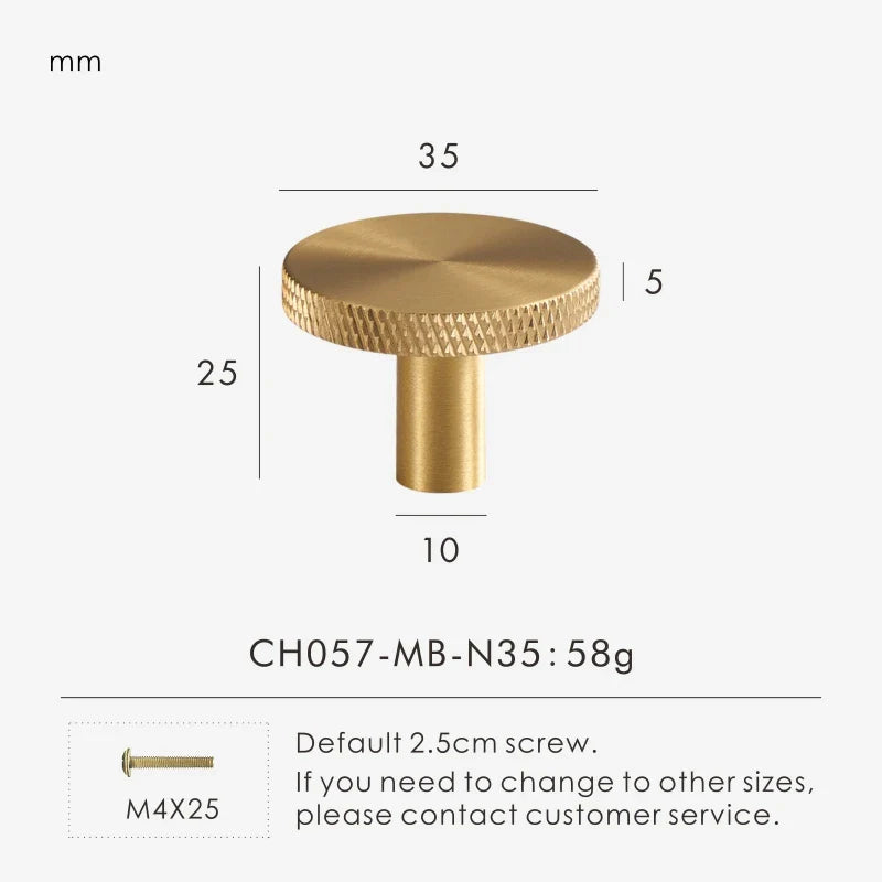 Gold matte antique knob 35mm with measurements and product details on a white background.