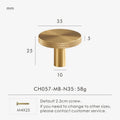 Gold matte antique knob 35mm with measurements and product details on a white background.