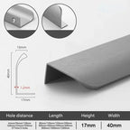 Grey hidden edge pull profile with dimensions and hole distance details on a white background.