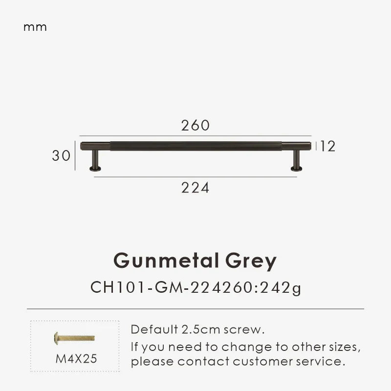 Measurement chart for a gunmetal brass linear handle 260 mm with dimensions and weight information.