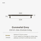 Measurement chart for a gunmetal brass linear handle 260 mm with dimensions and weight information.