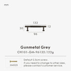 Measurement chart for a gunmetal brass linear knob 132 mm with dimensions and weight information.