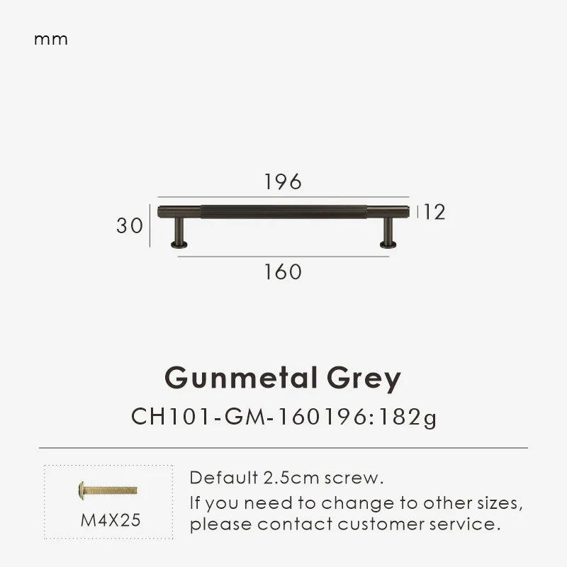 Measurement chart for a gunmetal brass linear knob 196 mm with dimensions and weight information.