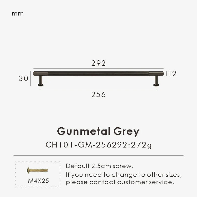 Measurement chart for a gunmetal brass linear knob 292 mm with dimensions and weight information.