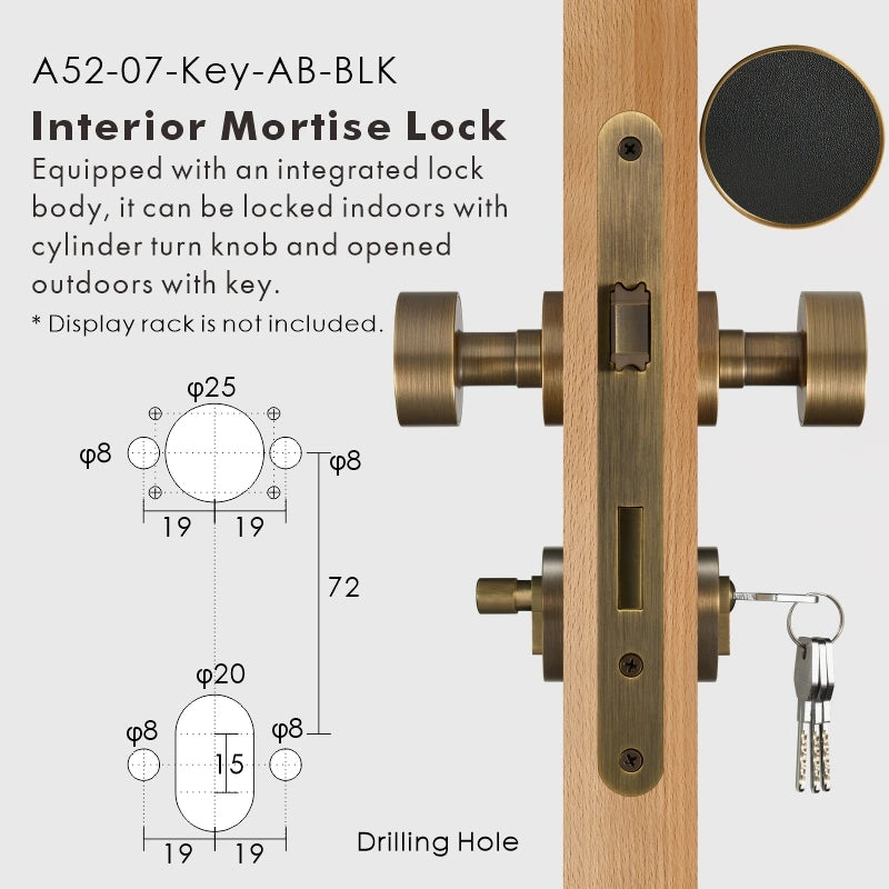 Round Solid Brass Door Knob Set, European Mortise