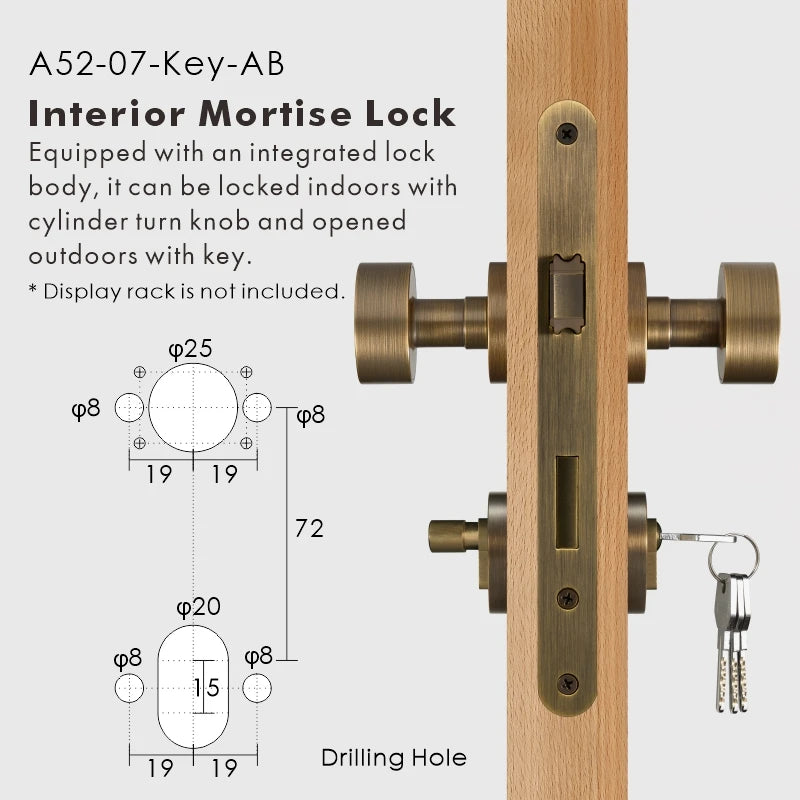 Round Solid Brass Door Knob Set, European Mortise