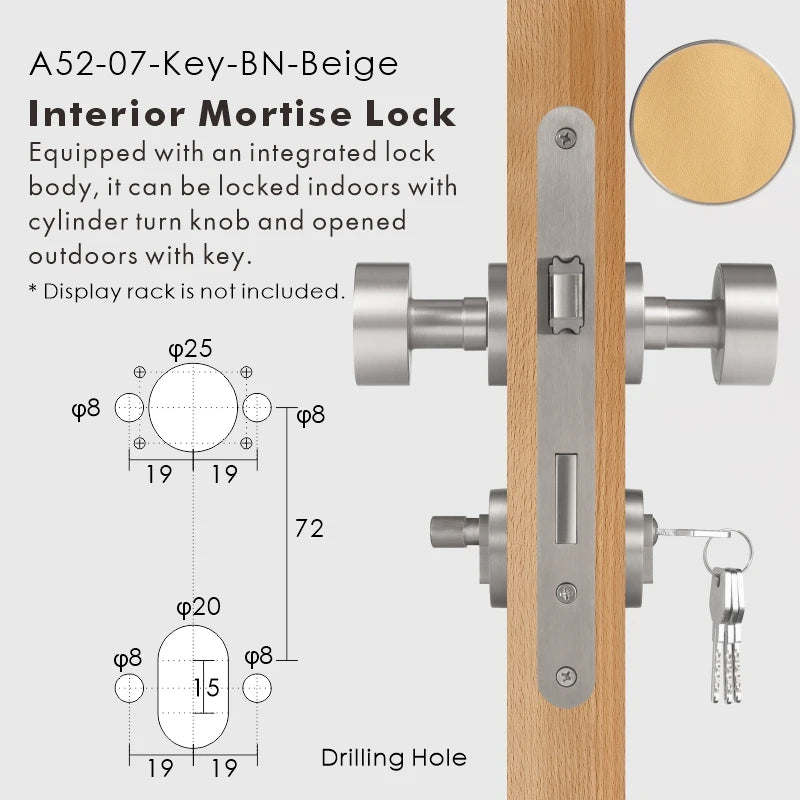 Round Solid Brass Door Knob Set, European Mortise