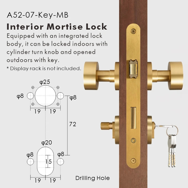 Round Solid Brass Door Knob Set, European Mortise